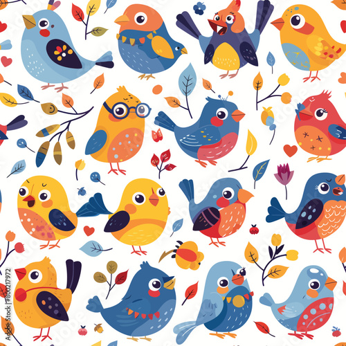 Seamless pastel pattern of birds with floral elements on dot background.