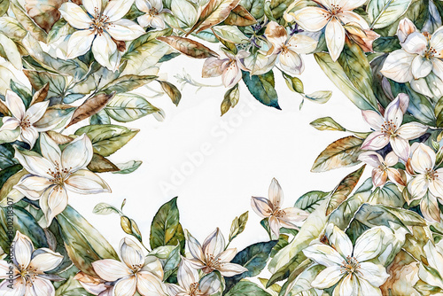 Watercolor illustration of jasmine flowers frame design, wedding invitation. Generative ai