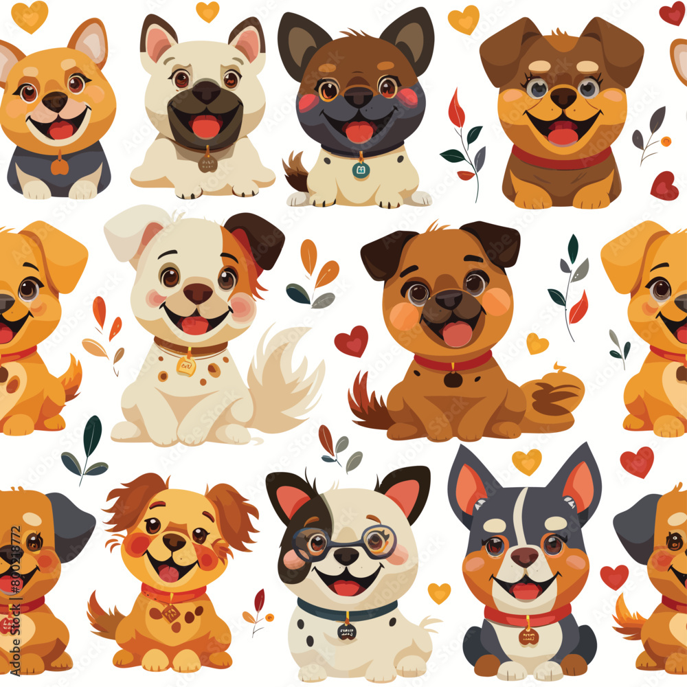 Fototapeta premium Funny dog animal crowd cartoon seamless pattern in flat illustration style. Cute puppy pet group background, diverse domestic dogs breed wallpaper.