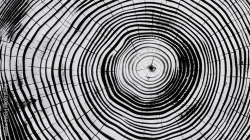 A monochromatic closeup photo capturing the symmetrical pattern of the annual rings of a tree trunk  resembling a beautiful art drawing in black and white