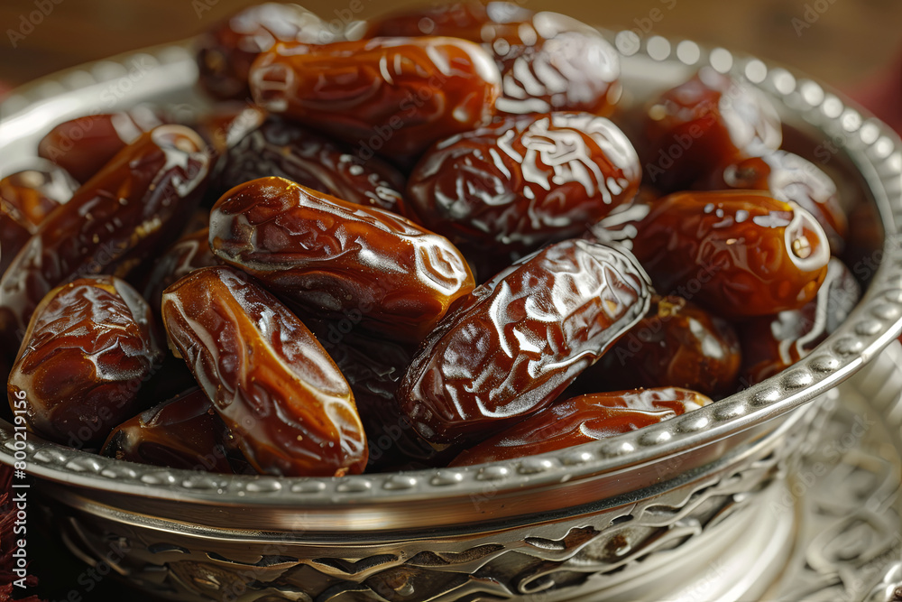 Pile of fresh dried date fruits in metal bowl
Pile of fresh dried date fruits in metal bowl