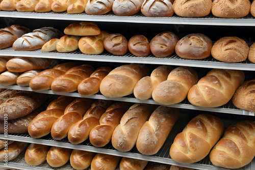 Breads on supermarket shelves, bread, baguettes, buns, bagels, variety of fresh bread on grocery store bakery shelves, bread in a bakery, bread buns on baker shop