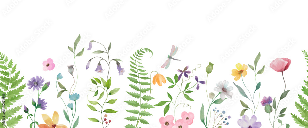 Seamless watercolor border. Hand drawn floral illustration isolated on white background. Vector EPS.