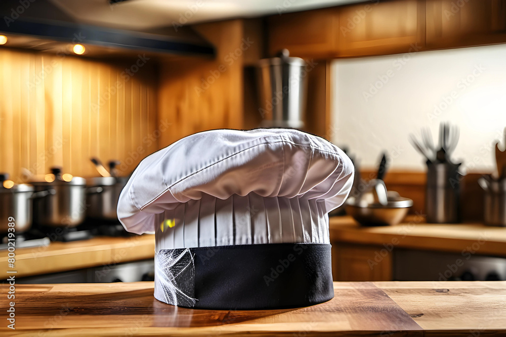 The Illustration of a chef hat placed on the table in the kitchen, appropriate for using as background or presentation element about kitchen or chef career, Illustration creates by Generative AI. The Illustration of a chef hat placed on the table in the kitchen, appropriate for using as background or presentation element about kitchen or chef career, Illustration creates by Generative AI.