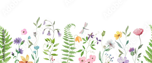 Seamless watercolor border. Hand drawn floral illustration isolated on white background. Vector EPS.