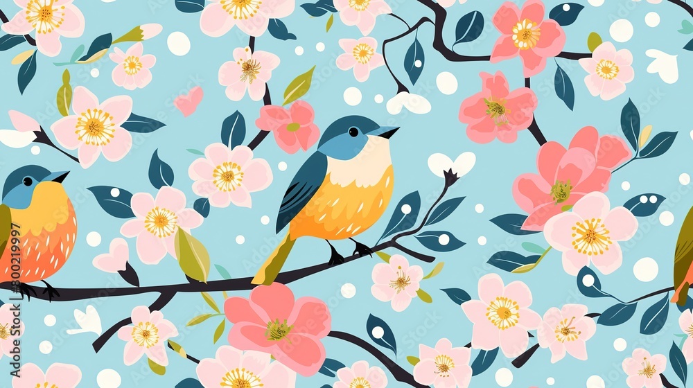 spring birds with flower and tree refreshing positive feeling, seamless pattern nursery design cartoon style illustration with grungy texture, Generative Ai spring birds with flower and tree refreshing positive feeling, seamless pattern nursery design cartoon style illustration with grungy texture, Generative Ai