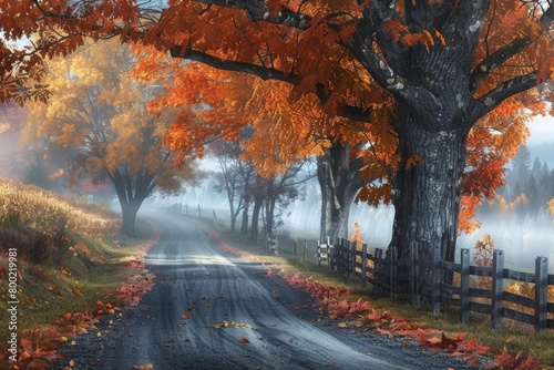 Misty Country Road with Autumn Colors