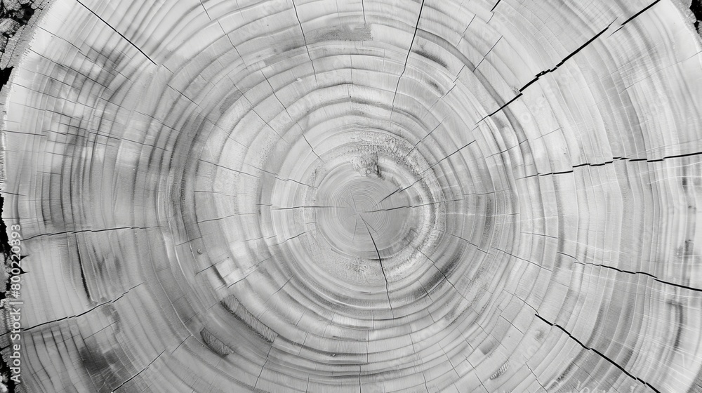 Obraz premium A black and white photo of a tree stump revealing annual rings, showcasing a fascinating pattern of concentric circles. The symmetry of the rings resembles an automotive tires wheel system