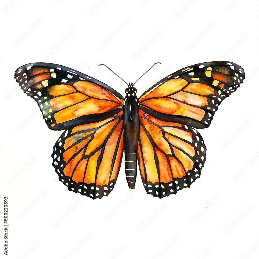Fototapeta premium watercolor, paint, monarch, butterfly, vibrant, orange, black, wing, delicately, detail, high, background, artwork, splendid, floral, isolate, kind, garden, pink, purple, insect, yellow