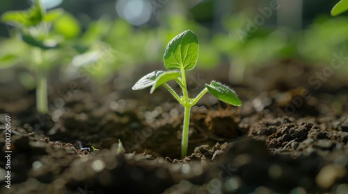 Young plant sprouting in field of green leaves and dirt, symbolizing growth and new beginnings