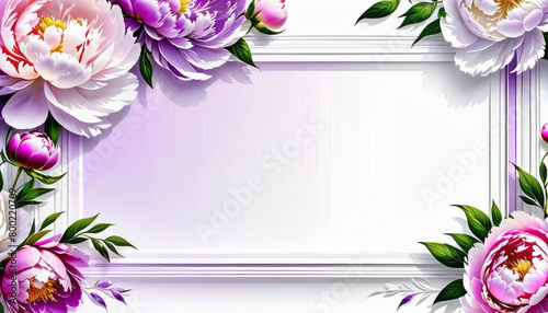 Banner with bordo and purple peony flowers on light background. Flat lay, top view. Frame template for web, wedding invitation, Mothers and Womans day. Floral composition with copy space. photo