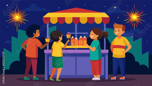 With the smell of gunpowder in the air children eagerly browse through a brightly lit firework stand excitedly discussing which ones to choose.. Vector illustration