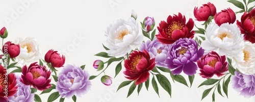 Banner with bordo and purple peony flowers on light background. Flat lay, top view. Frame template for web, wedding invitation, Mothers and Womans day. Floral composition with copy space. photo