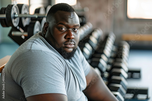 tired Obese man sitting on bench and Looking At Camera after exercising with dumbbells at gym
 photo