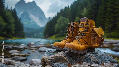 Adventure travel essentials, close-up on a backpack and hiking boots, ready for the trail