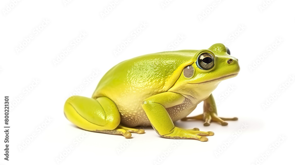 An isolated green frog against a stark white background An isolated green frog against a stark white background