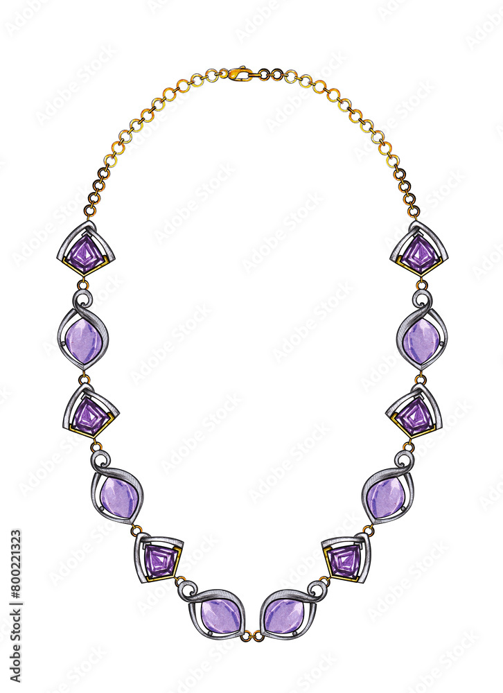 Necklace jewelry modern art design set with amethyst sketch by hand on paper.
Necklace jewelry modern art design set with amethyst sketch by hand on paper.