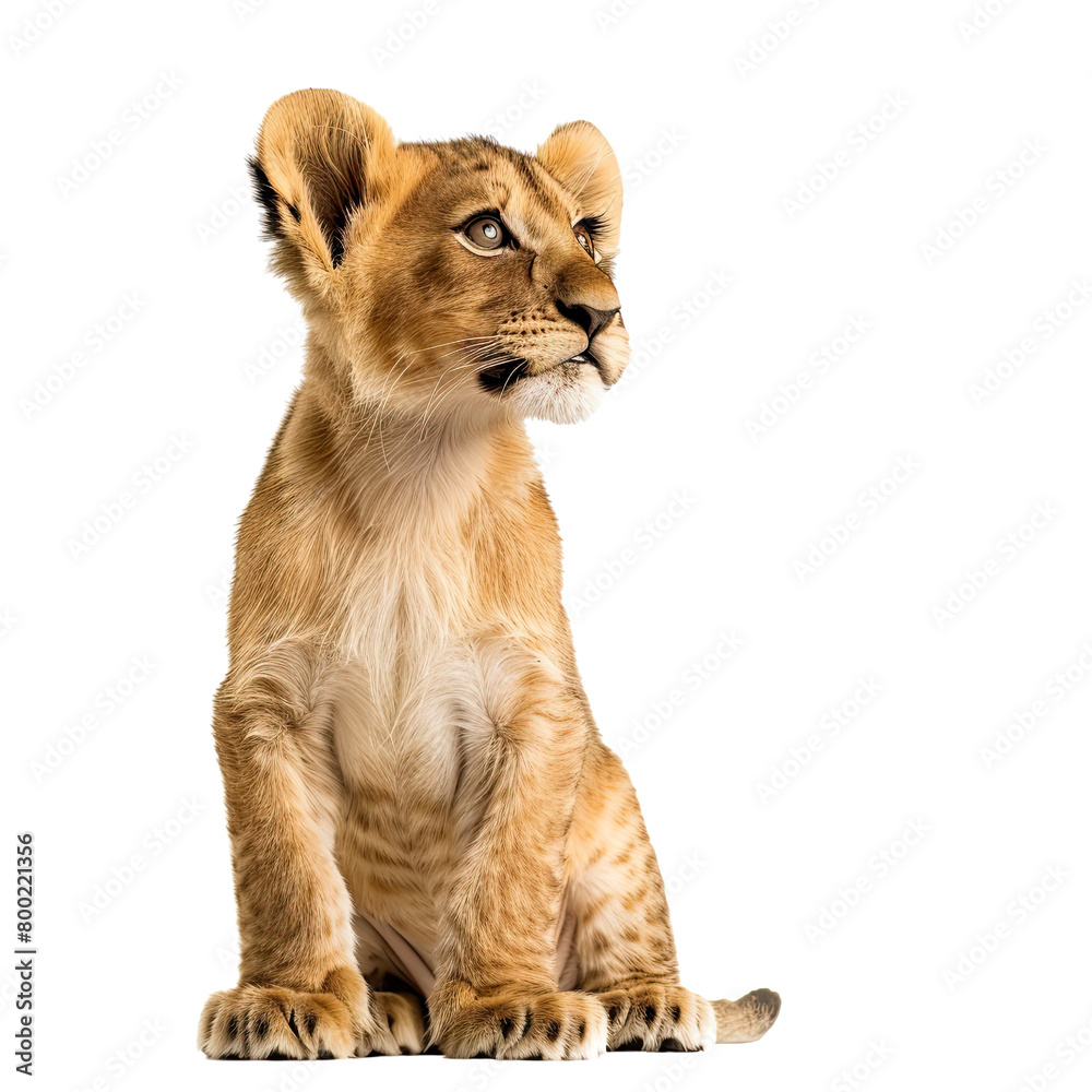 Obraz premium A cute Lion cub sitting on white transparent background