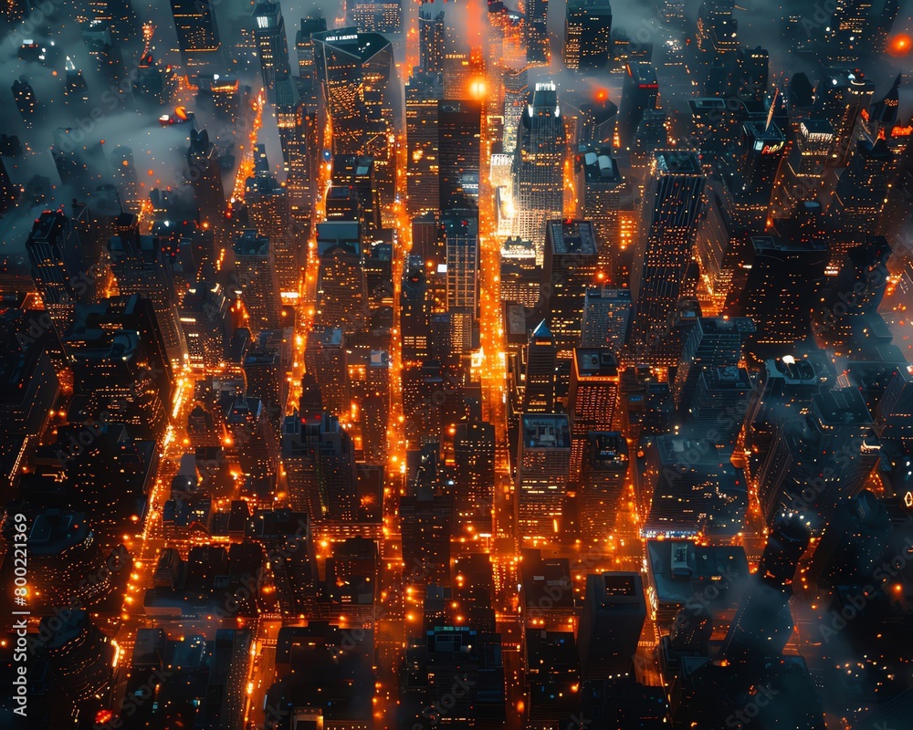 Naklejka premium Aerial cityscape at dusk, the urban grid glowing with life from above, showcasing the city's heartbeat