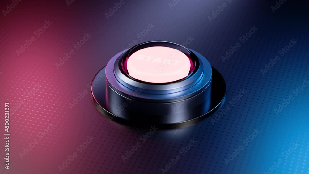 Start button animation. 3D rendering, realistic. Technology, digital, hi-tech style. futuristic interface, power push-button, neon colors. Turn on, begin, start up concept. Stock animated footage