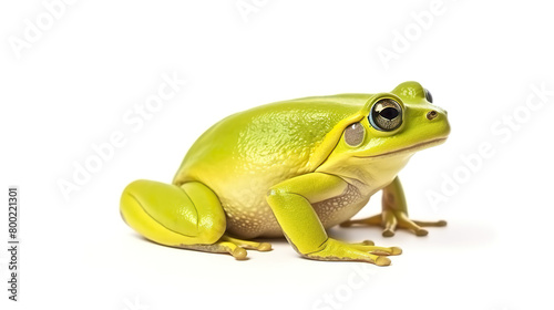 An isolated green frog against a stark white background