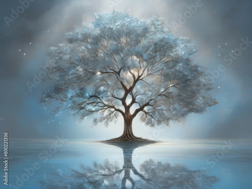 A tree , with reflections dancing in the white gray and light azure hues. The glimmering light effects add a touch of magic to this piece, while the blink-and-you-miss-it details keep you captivated. 