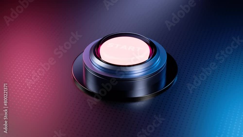 Start button animation. 3D rendering, realistic. Technology, digital, hi-tech style. futuristic interface, power push-button, neon colors. Turn on, begin, start up concept. Stock animated footage