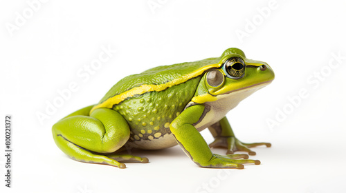 An isolated green frog against a stark white background