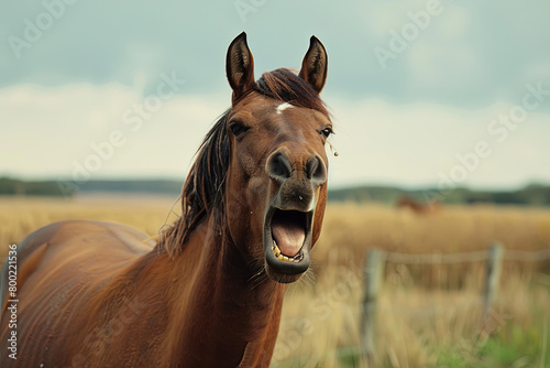 Horse yawning, looking like he's laughing 