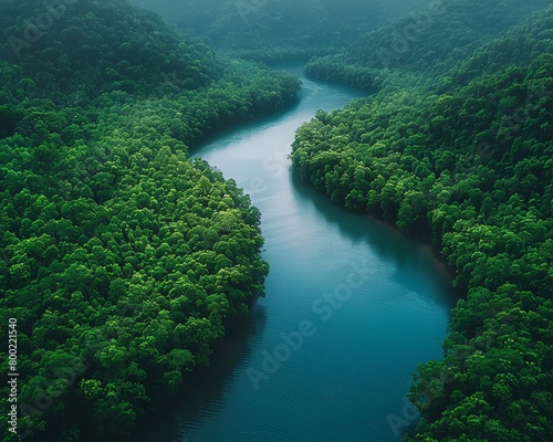 Aerial view of a winding river through a dense forest, the earth's natural artistry from above