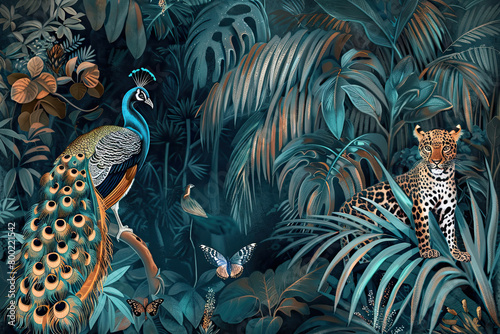 Mural of a Jungle, tropical illustration. Fantasy animals, birds in enchanted fairy tale jungle. Amazon forest with fabulous peacock, leopard, wallpaper for kids room. 