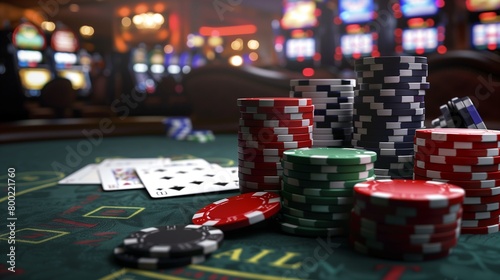 Casino roulette table with chips and cards photo