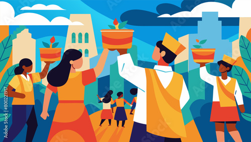 Against a backdrop of colorful murals a procession of people make their way through the streets each carrying a cup of water to pour as a libation at. Vector illustration