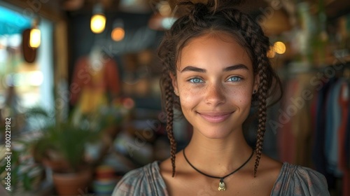 Happy woman with braids smiling in front of store window on a sunny day © VICHIZH