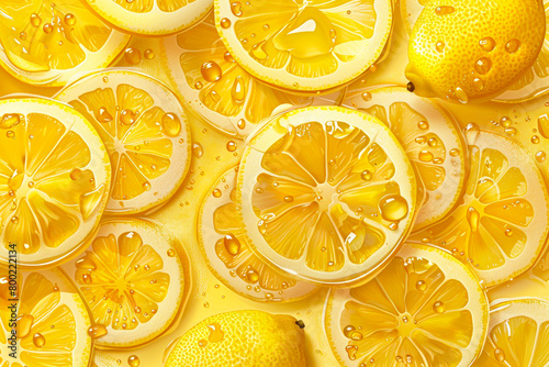 Fresh Lemon Slices Seamless Vector Pattern: Vibrant, High-Quality Illustration with Cinematic Lighting on Yellow Background photo