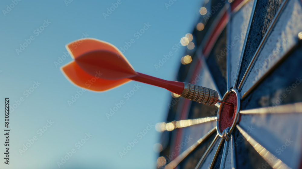 A close-up image capturing an orange dart precisely embedded in the bullseye of a classic dartboard with a clear sky background A close-up image capturing an orange dart precisely embedded in the bullseye of a classic dartboard with a clear sky background