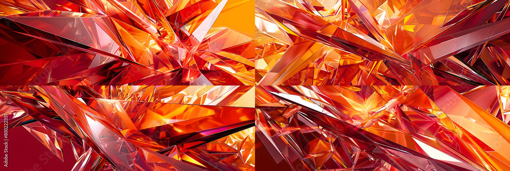A high-definition photo of a bold geometric artwork featuring sharp, intersecting lines and angles in a color scheme of fiery reds and bright oranges, evoking a sense of swift movement A high-definition photo of a bold geometric artwork featuring sharp, intersecting lines and angles in a color scheme of fiery reds and bright oranges, evoking a sense of swift movement