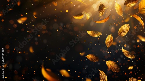 Golden autumn leaves falling with sparkling bokeh lights on a dark, magical background. photo