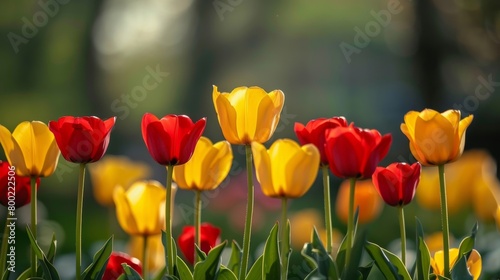 Gorgeous red and orange tulips blooming in a vibrant garden during the spring season.