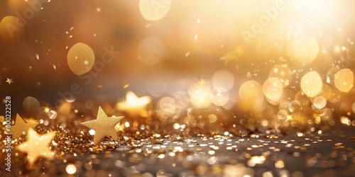 Golden sparkling bokeh background with star-shaped glitter on a festive night.