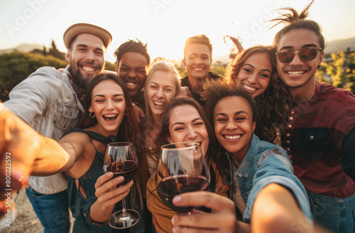 A group of friends taking a selfie with wine glasses at an outdoor party, all smiling and laughing heartily while holding their reds or whites in hand