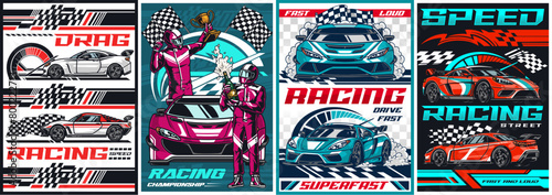 Drag racing set posters colorful
