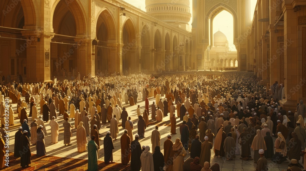 Fototapeta premium A vast, sun-drenched courtyard filled with rows of Muslims performing the Eid al-Adha prayer, capturing the unity and devotion of the celebration.
