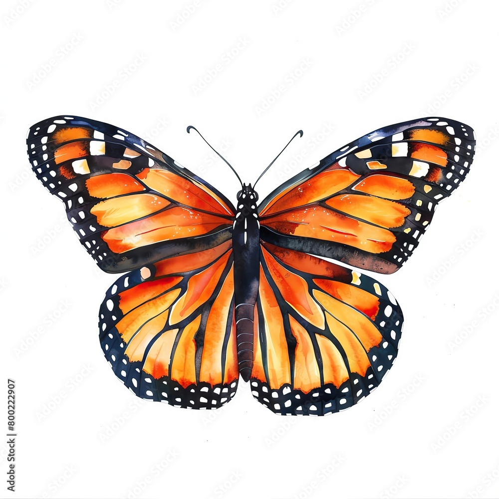 Fototapeta premium A watercolor painting of a monarch butterfly, with vibrant orange and black wings, delicately detailed, isolated on a white background