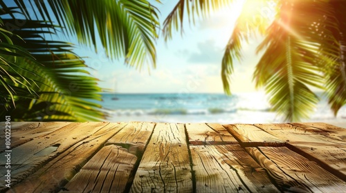 A scenic tropical beach backdrop framed by lush palm leaves and a warm sunlit wooden foreground.