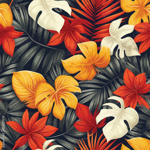 a seamless pattern colorful background of tropical flowers and leaves.