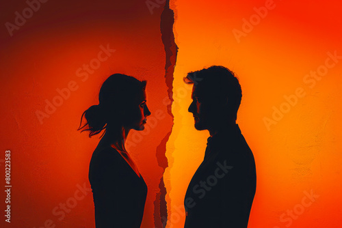 Silhouettes of a couple in marital discord, gazing in opposite directions, on the brink of divorce or separation photo