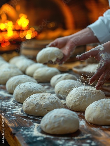 Person placing dough on wooden table in front of oven in kitchen preparing homemade bread
