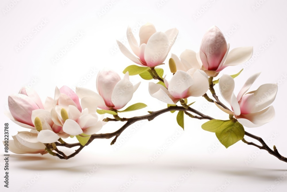 Obraz premium Blooming white and pink close-up flowers of magnolia on a branch with young leaves, growing in spring park or botanical garden, with blurred white background