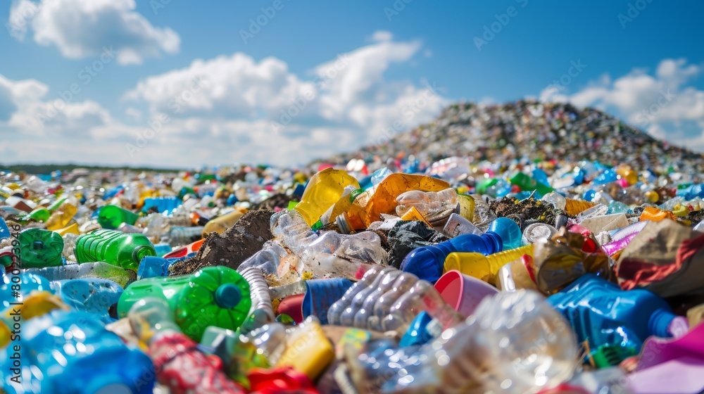 Fototapeta premium A vast landfill overflowing with colorful plastic bottles and containers, highlighting the sheer volume of plastic waste generated